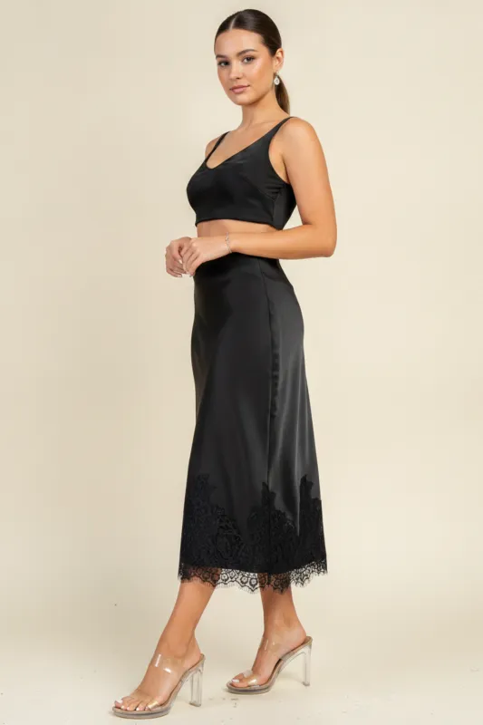 CB20173S / SATIN-LACE TRIMMED HEM MIDI SKIRT made by privy