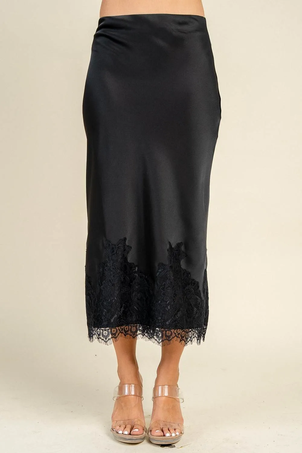 CB20173S / SATIN-LACE TRIMMED HEM MIDI SKIRT sold by privy product image thumbnail 2