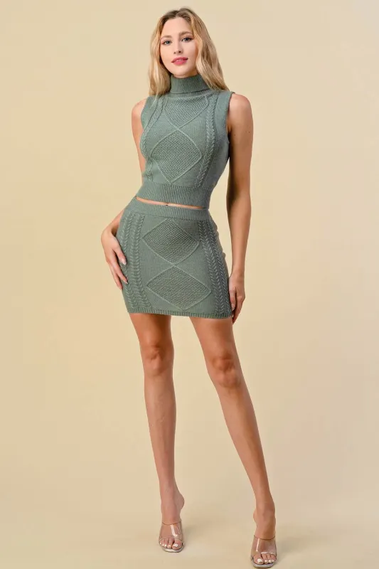 BS3141B / TURTLE NECK CABLE KNIT TOP AND SKIRT SET made by privy