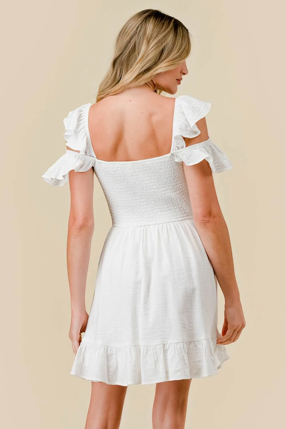 BD12086E / TEXTURED GAUZE RUFFLED SMOCKED BACK MINI DRESS sold by privy product image thumbnail 5
