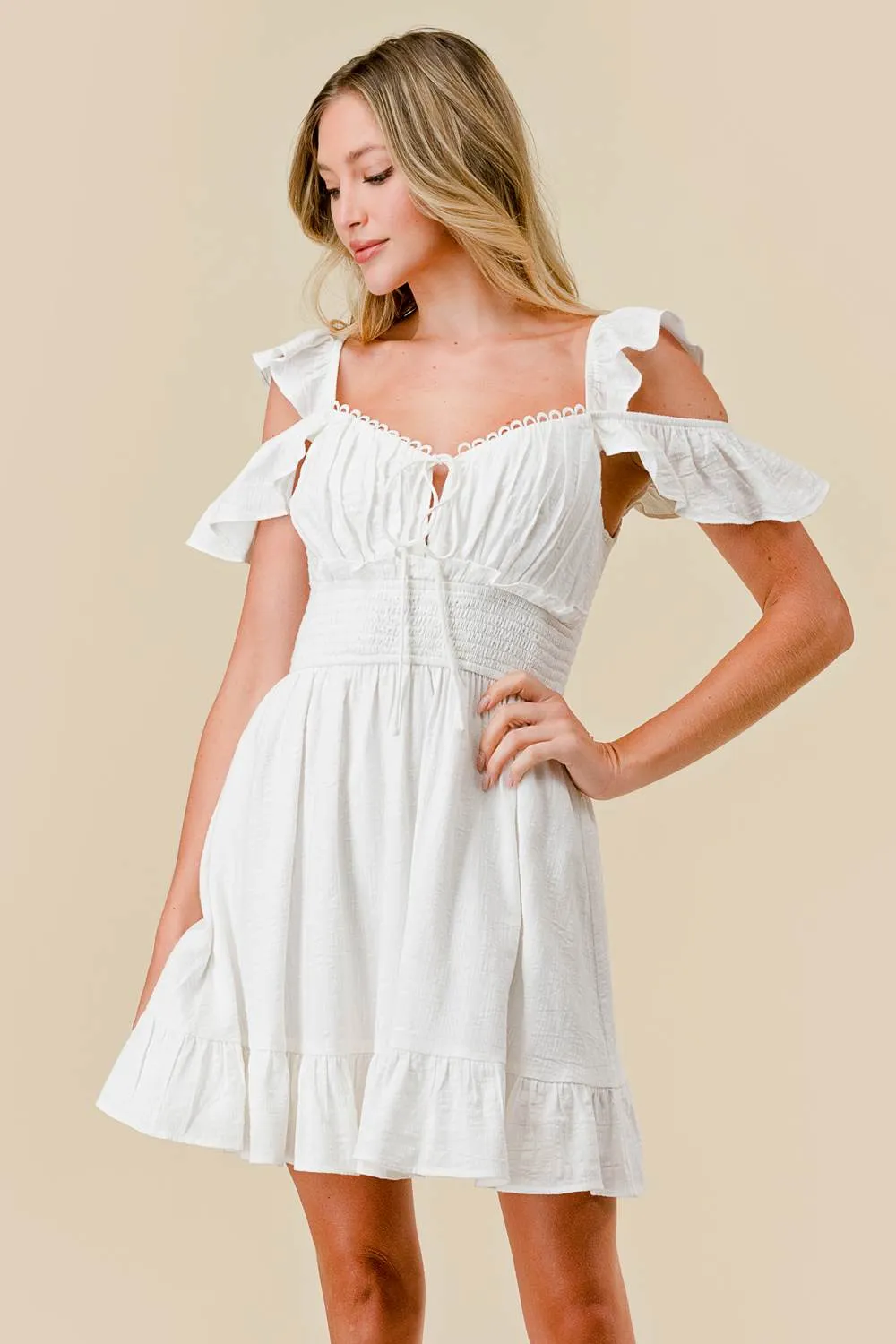 BD12086E / TEXTURED GAUZE RUFFLED SMOCKED BACK MINI DRESS sold by privy product image thumbnail 2