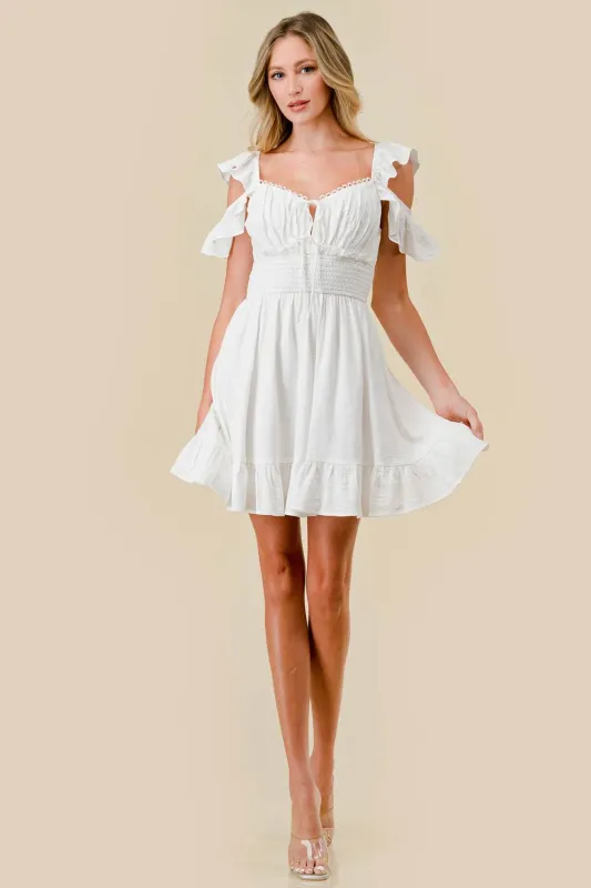 BD12086E / TEXTURED GAUZE RUFFLED SMOCKED BACK MINI DRESS made by privy