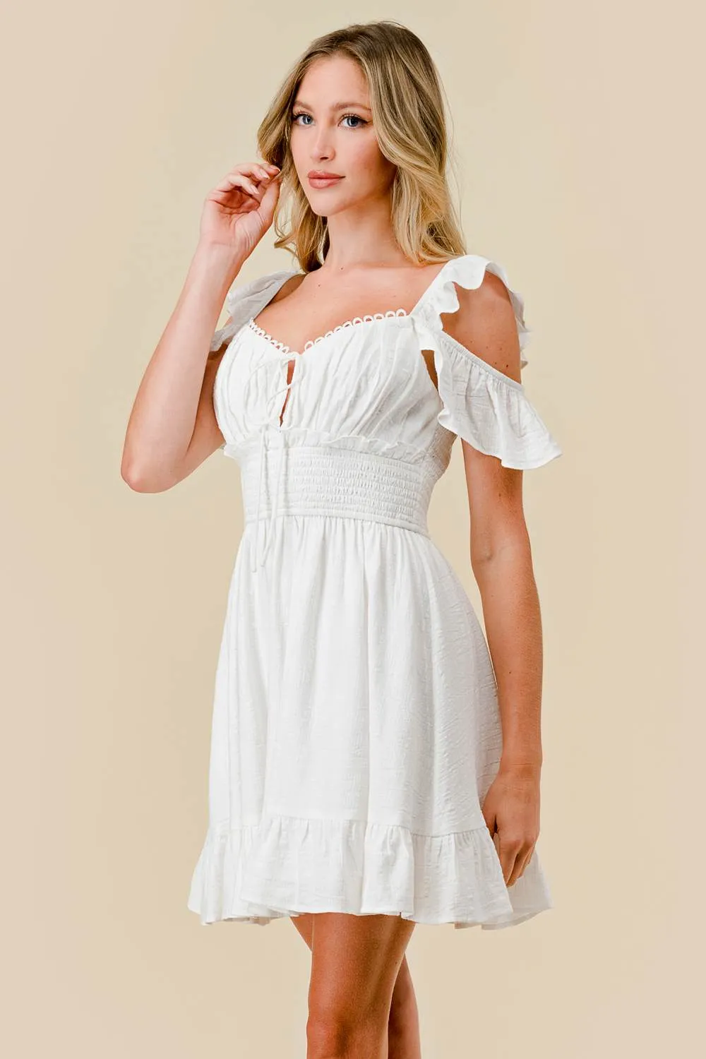 BD12086E / TEXTURED GAUZE RUFFLED SMOCKED BACK MINI DRESS sold by privy product image thumbnail 4