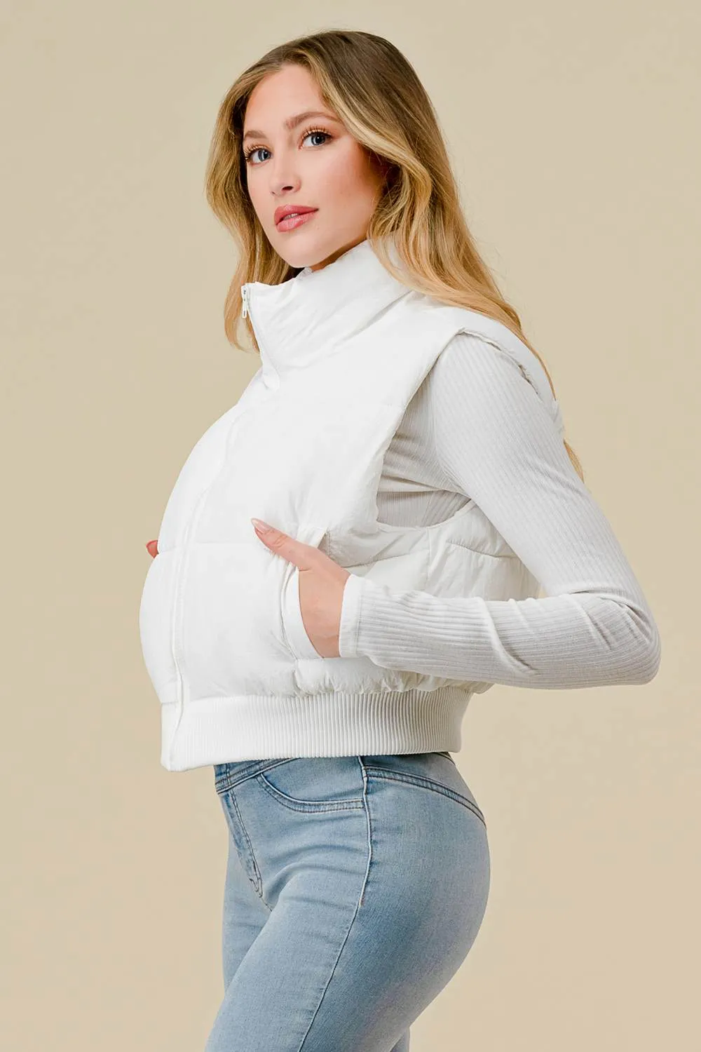 BG5199N / ZIP UP HIGH NECK RIBBED TRIM POCKETS PUFFER VEST sold by privy product image thumbnail 3