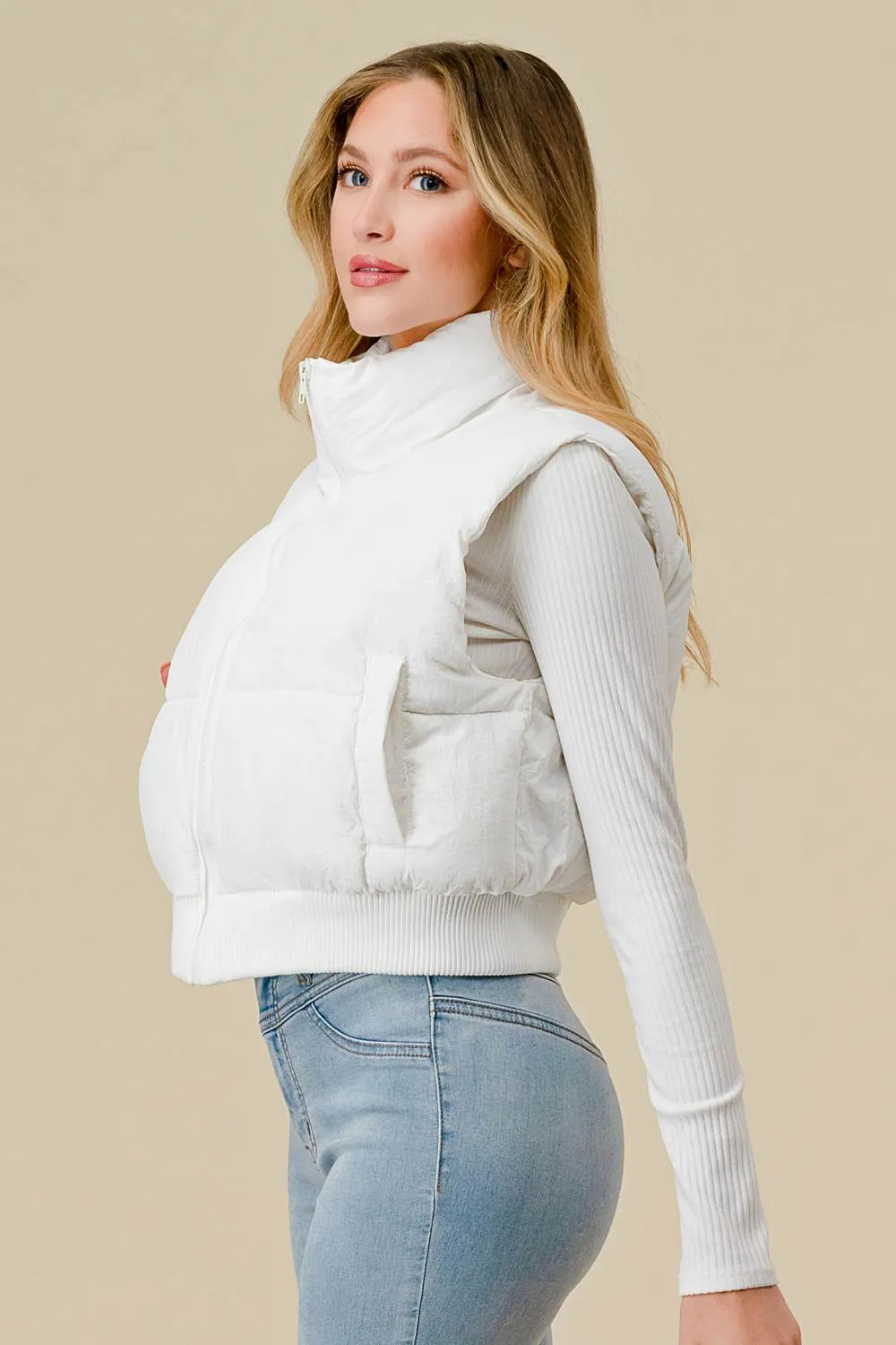 BG5199N / ZIP UP HIGH NECK RIBBED TRIM POCKETS PUFFER VEST sold by privy product image thumbnail 4