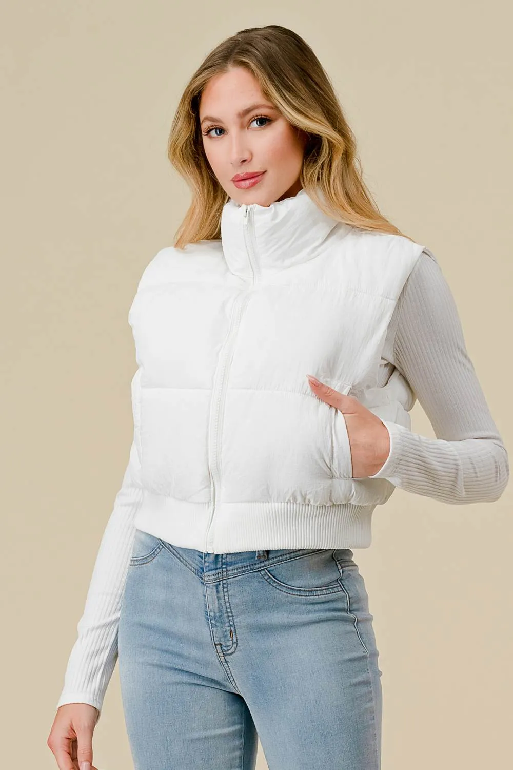 BG5199N / ZIP UP HIGH NECK RIBBED TRIM POCKETS PUFFER VEST sold by privy product image thumbnail 2