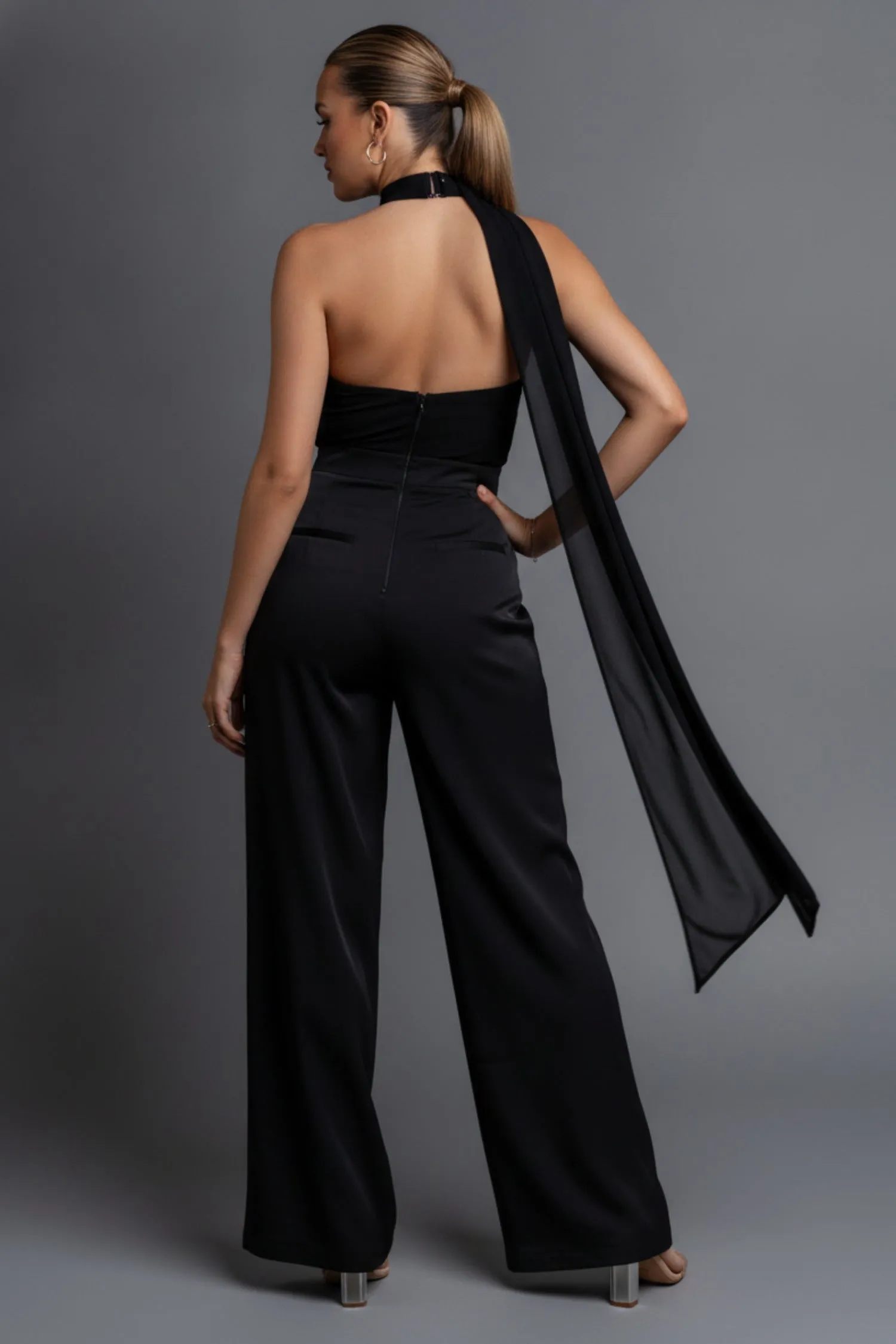 PJ11202B / THICK STRETCH WOVEN AND MESH JUMPSUIT sold by privy product image thumbnail 3