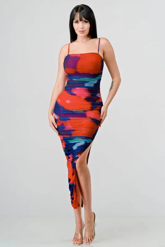 MARBLE PRINT MESH SIDE SLITTED RUCHED MIDI DRESS sold by privy
