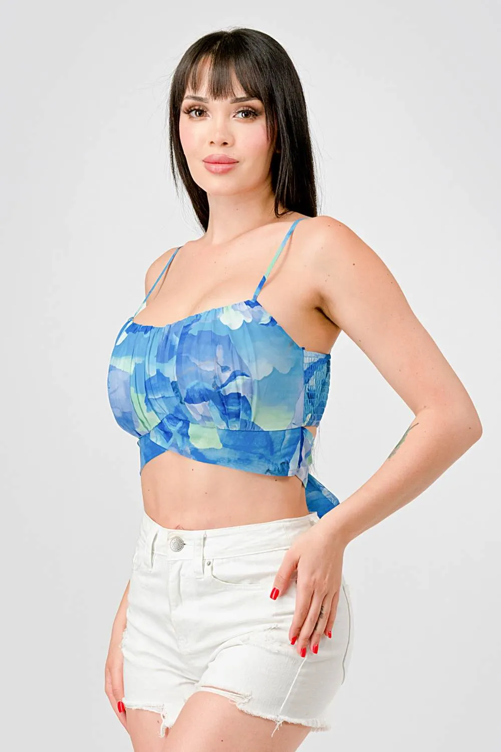 TIE DYE PRINT CHIFFON SMOCKED BUSTIER CROPPED TOP sold by privy product image thumbnail 2