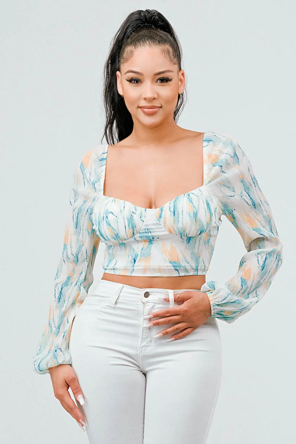 PLEATED CHIFFON PRINT SWEETHEART SMOCKED TOP sold by privy product image thumbnail 3