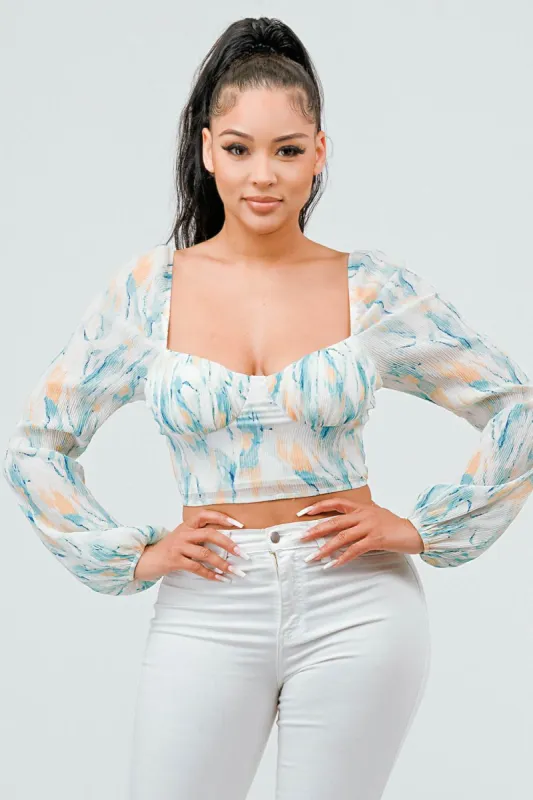 PLEATED CHIFFON PRINT SWEETHEART SMOCKED TOP sold by privy