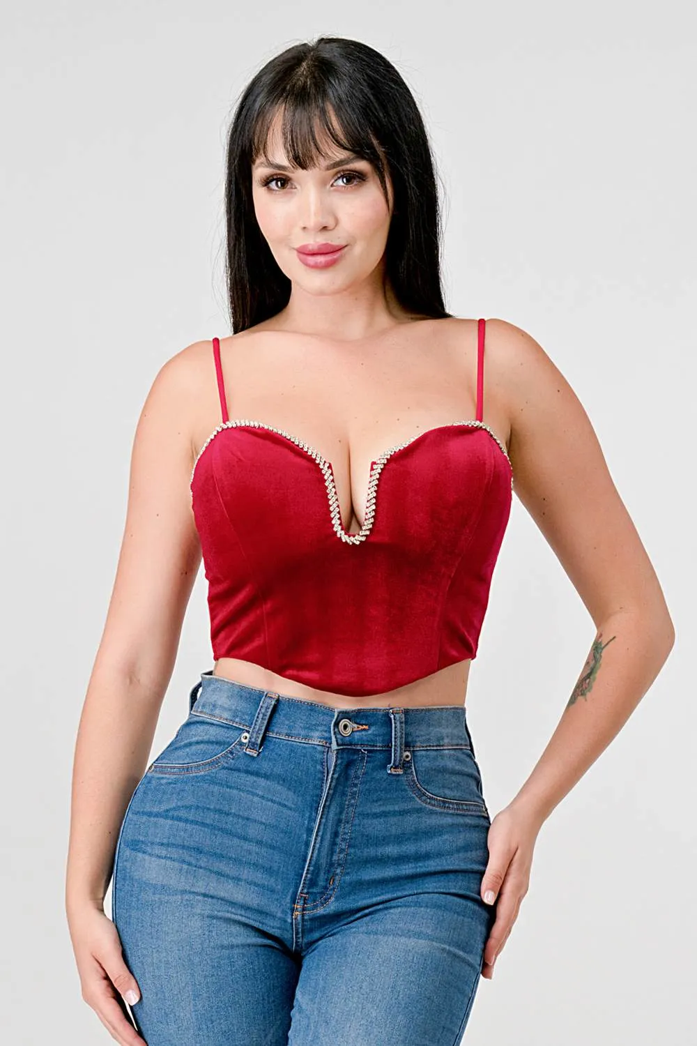 LUXE VELVET CRYSTAL EMBELLISH BUST CROPPED TOP sold by privy