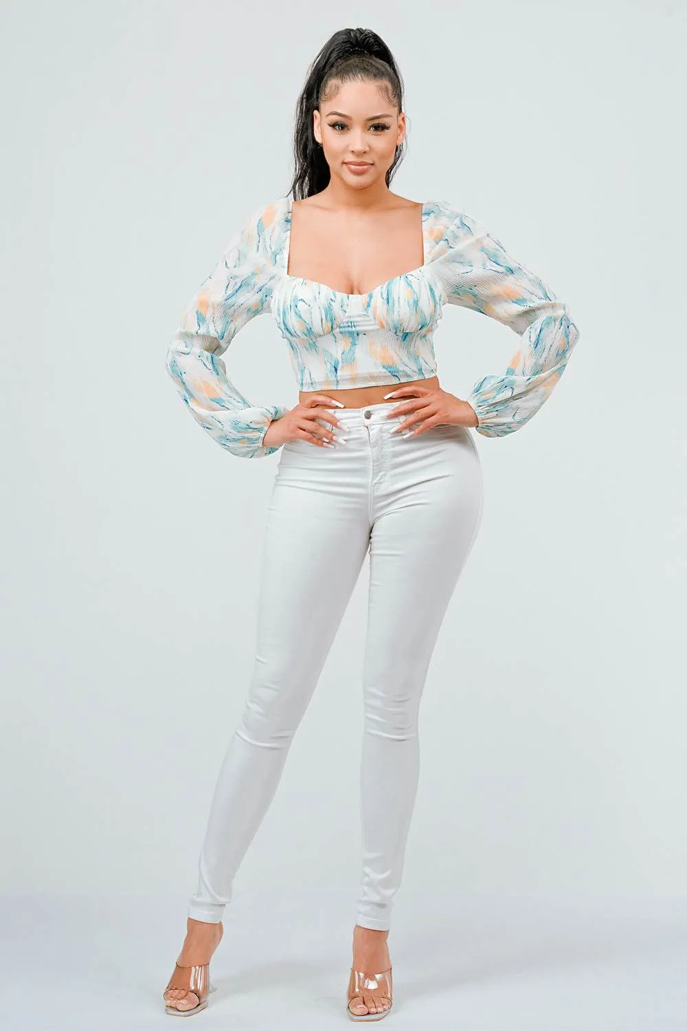 PLEATED CHIFFON PRINT SWEETHEART SMOCKED TOP sold by privy product image thumbnail 5