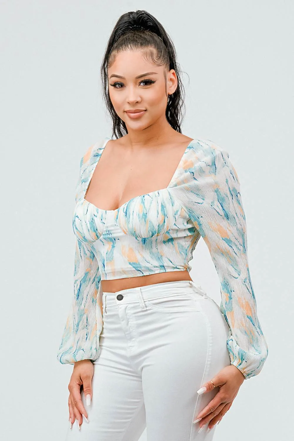 PLEATED CHIFFON PRINT SWEETHEART SMOCKED TOP sold by privy product image thumbnail 2