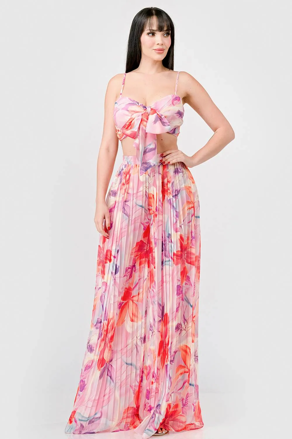 ROMANTIC FLORAL CHIFFON KNOT CROP TOP & SKIRT SETS sold by privy product image thumbnail 4