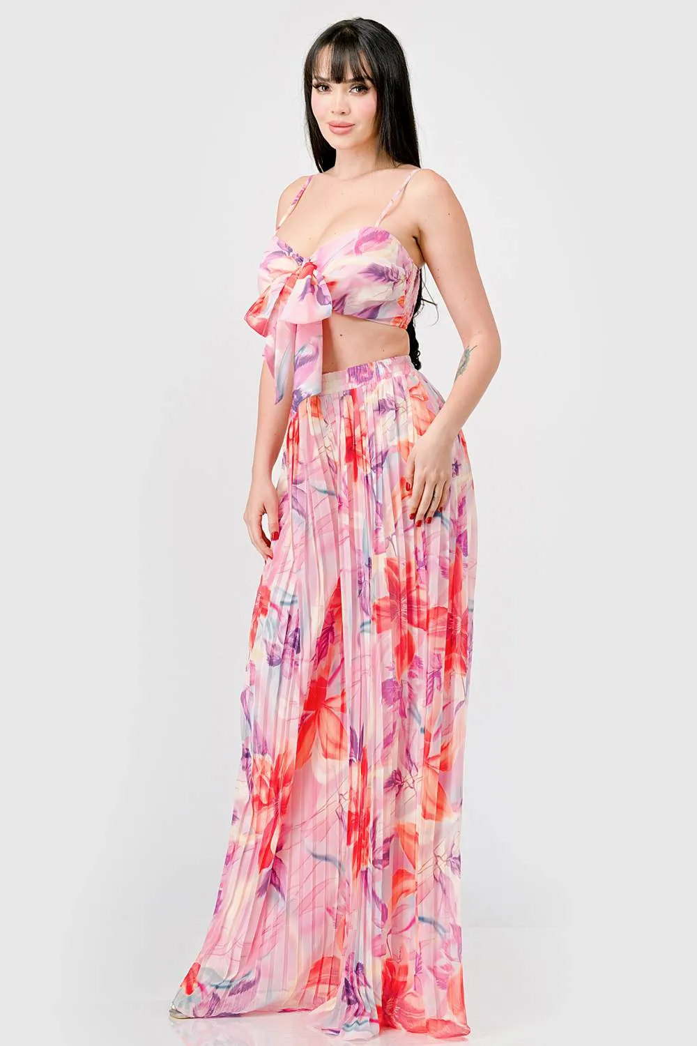 ROMANTIC FLORAL CHIFFON KNOT CROP TOP & SKIRT SETS sold by privy product image thumbnail 2