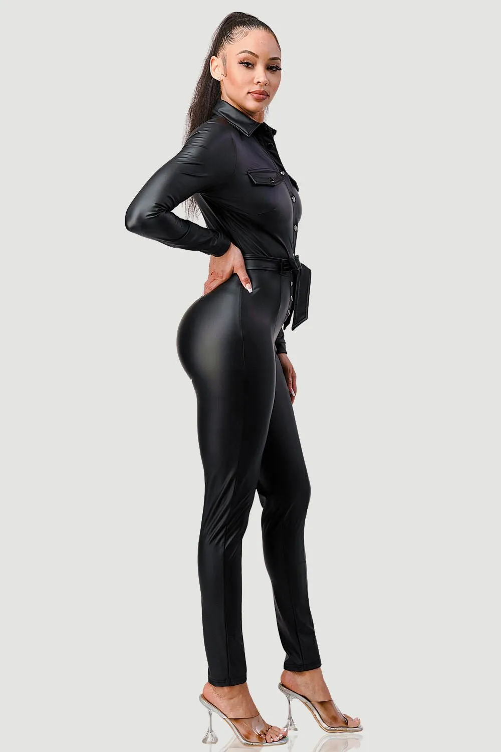 CHIC PU BUTTON DOWN WAIST TIE BODYCON JUMPSUIT sold by privy product image thumbnail 3