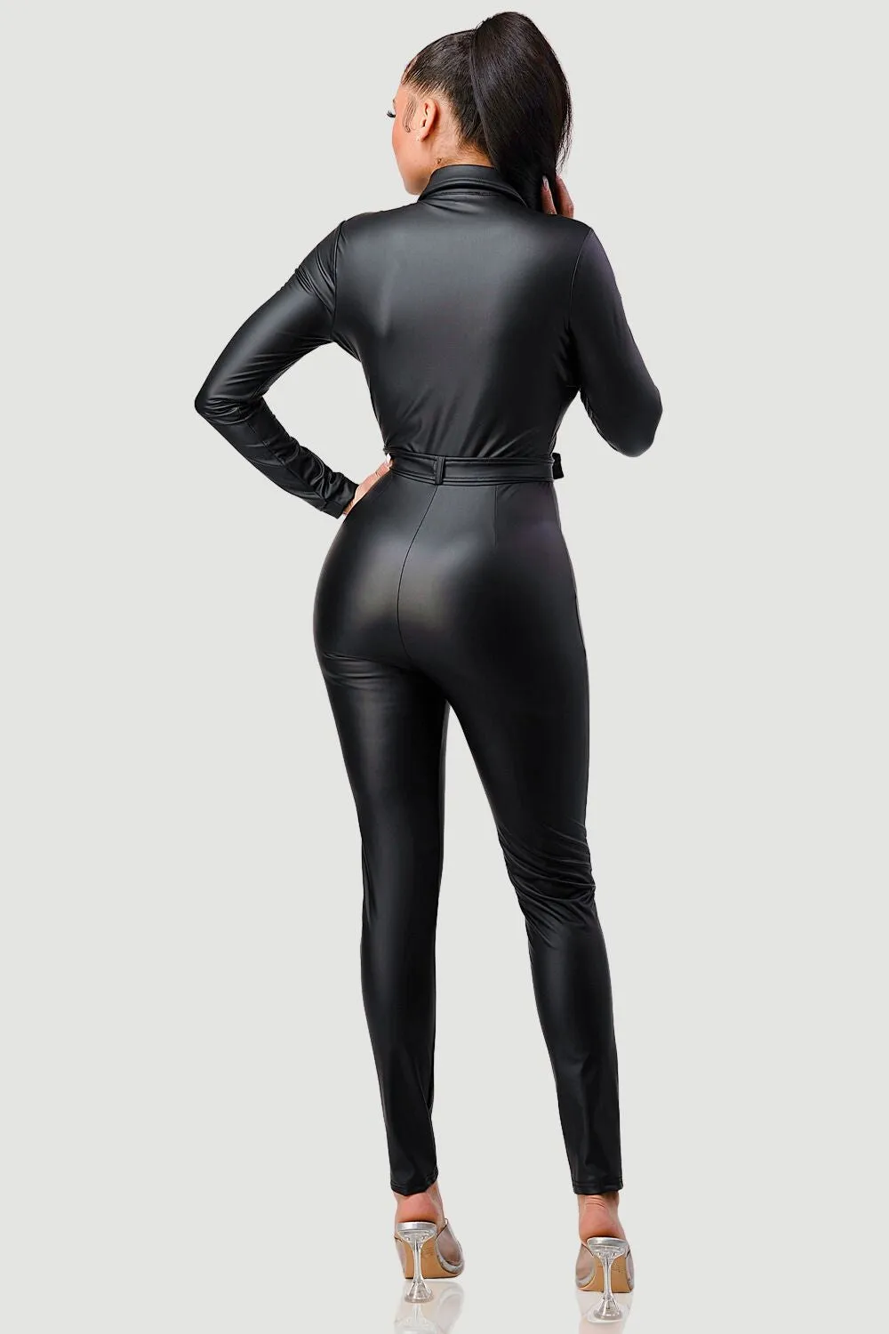 CHIC PU BUTTON DOWN WAIST TIE BODYCON JUMPSUIT sold by privy product image thumbnail 4