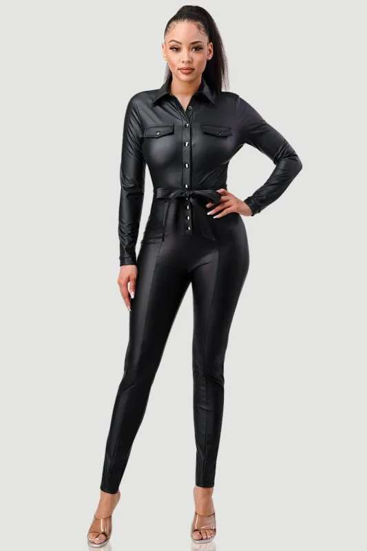 CHIC PU BUTTON DOWN WAIST TIE BODYCON JUMPSUIT sold by privy
