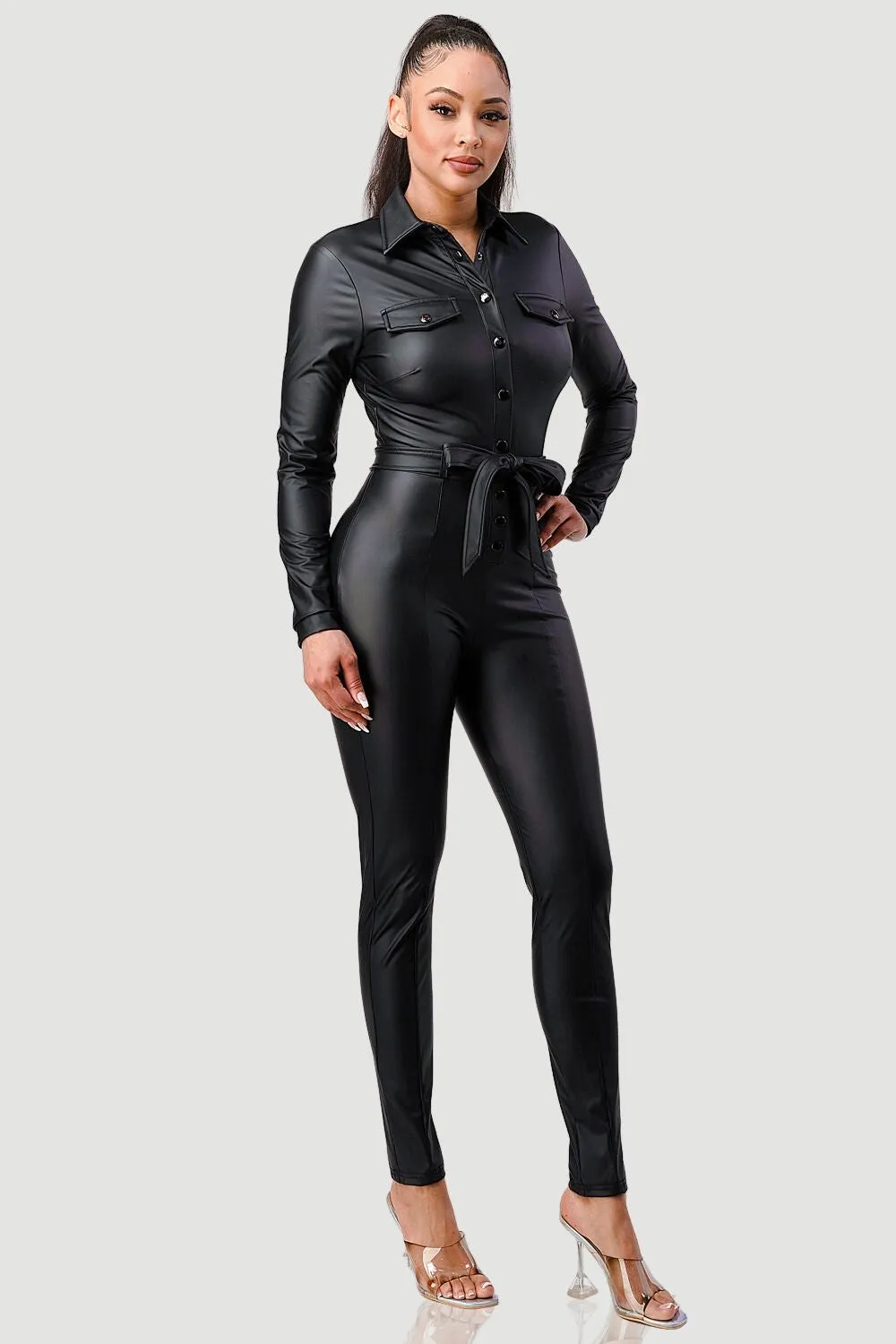 CHIC PU BUTTON DOWN WAIST TIE BODYCON JUMPSUIT sold by privy product image thumbnail 2