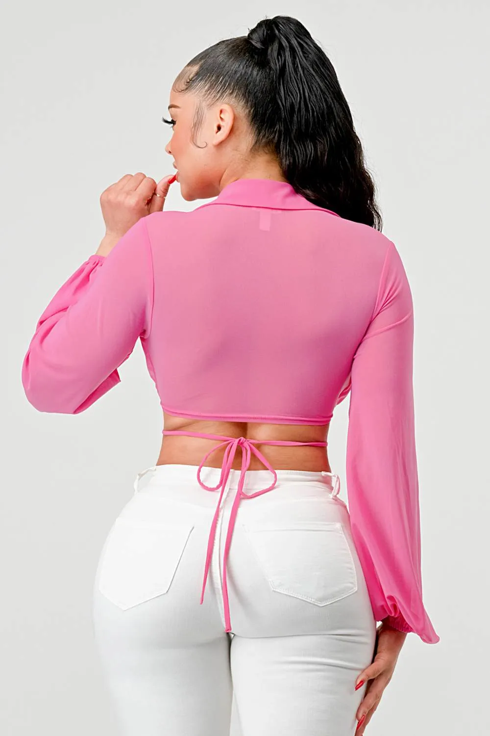 LUXE MESH COLLARD RUCHED DRAWSTRING CROPPED TOP sold by privy product image thumbnail 3