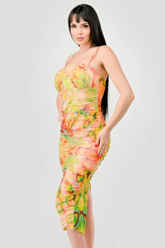 SEXY MARBLE PRINT MESH SLITTED RUCHED MIDI DRESS sold by privy