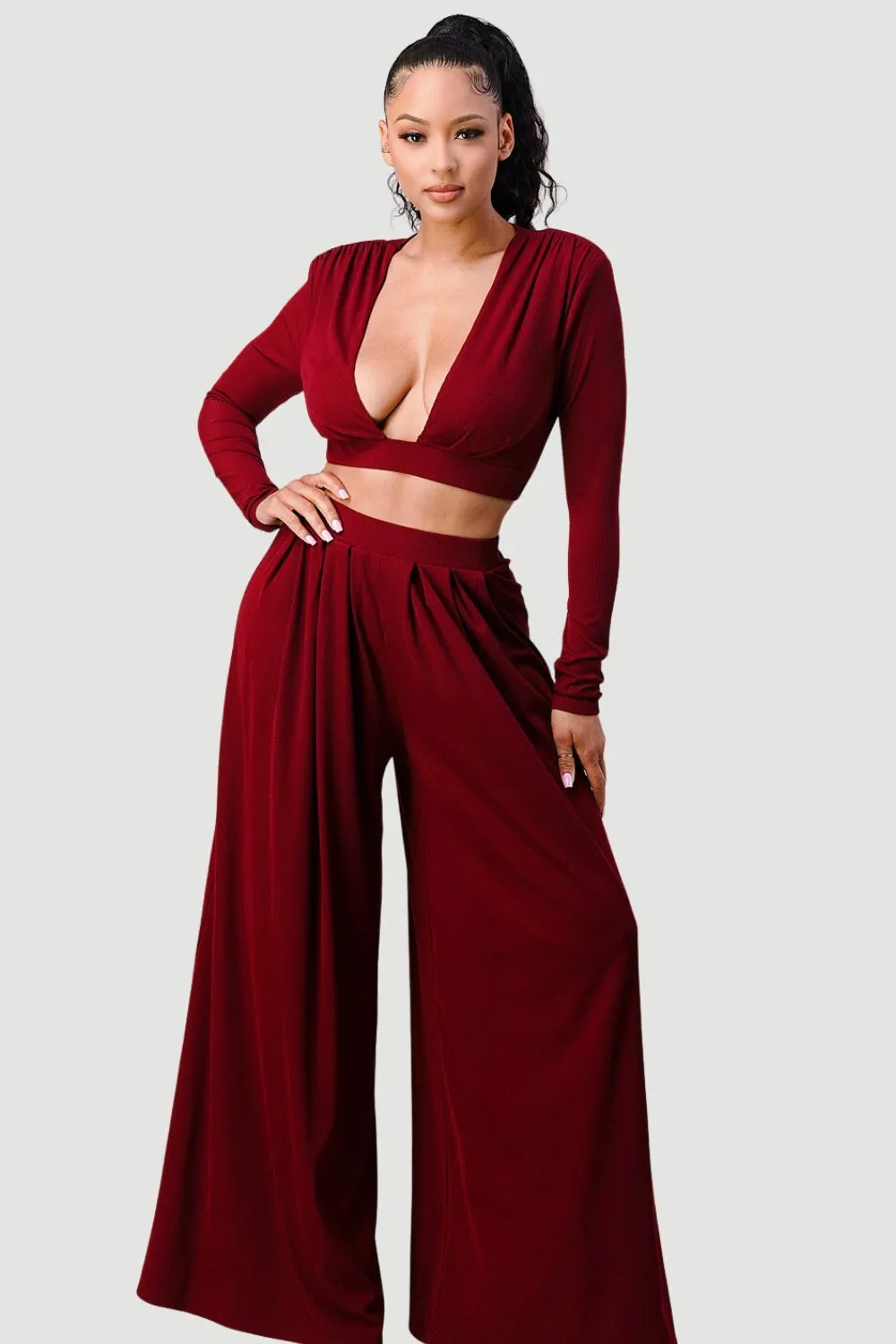OPEN FRONT LONG SLEEVE TOP AND WIDE PANTS SET sold by privy