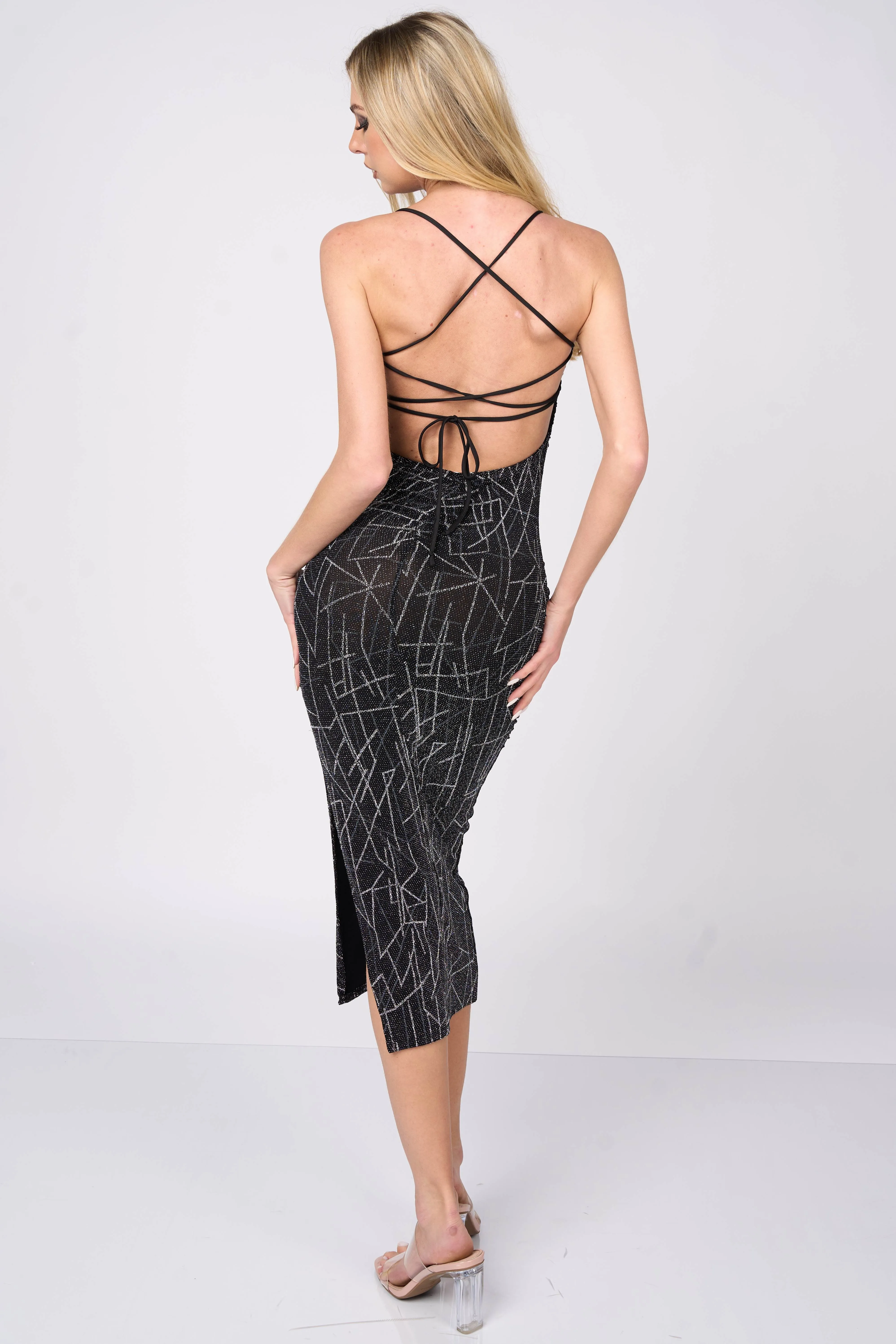 LUXE SLINKY METALLIC GLITTER SIDE SLIT MIDI DRESS sold by privy product image thumbnail 3