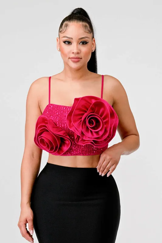 BIG ROSETTES SEQUINS DETAIL CAMI CROPPED TOP sold by privy