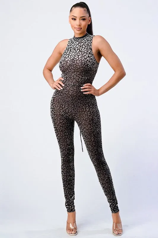 LEOPARD FLOCKING PRINT OPEN BACK-TIE JUMPSUIT sold by privy