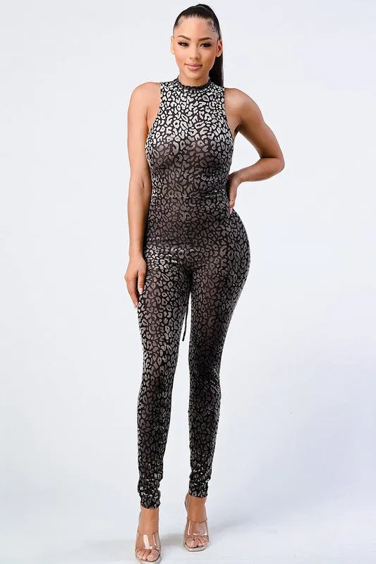 LEOPARD FLOCKING PRINT OPEN BACK-TIE JUMPSUIT sold by privy product image thumbnail 2