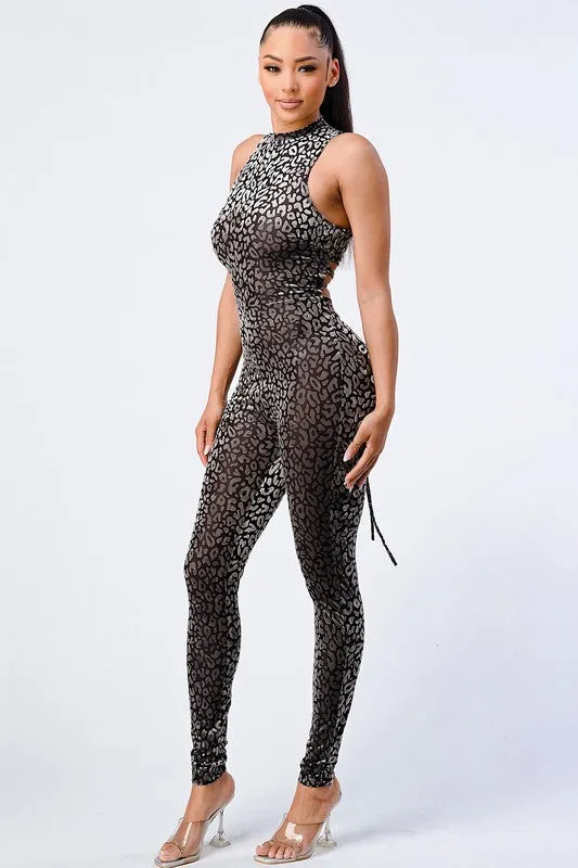 LEOPARD FLOCKING PRINT OPEN BACK-TIE JUMPSUIT sold by privy product image thumbnail 3
