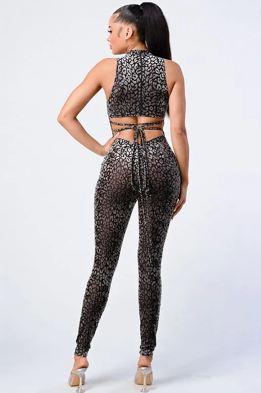 LEOPARD FLOCKING PRINT OPEN BACK-TIE JUMPSUIT sold by privy product image thumbnail 4