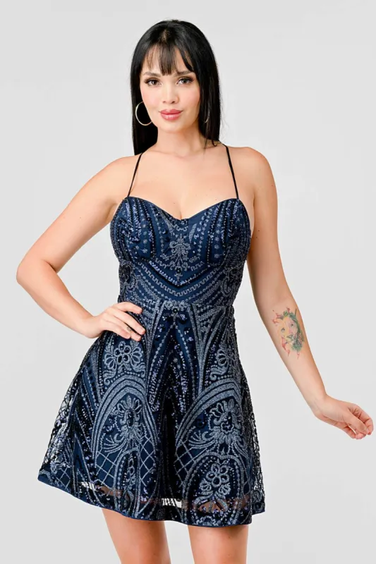 SEQUINS LACE LAYERED DRAWSTRING MINI DRESS sold by privy