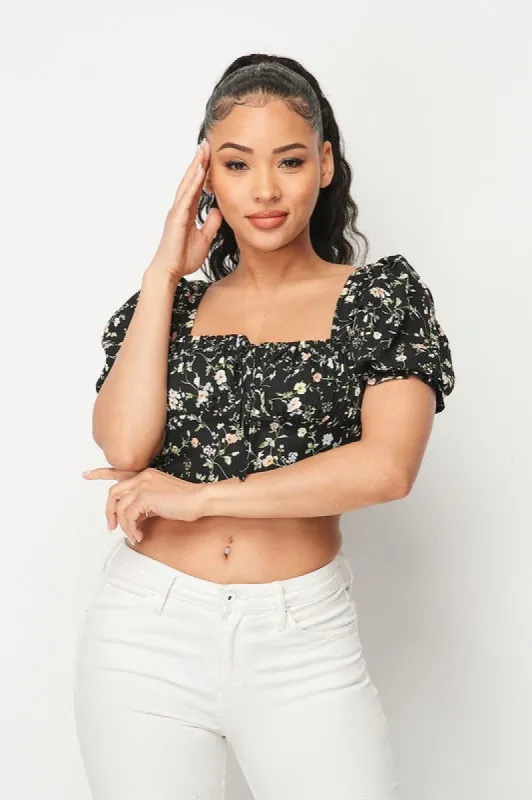 SPRING FLORAL PUFF SHORT SLEEVE CROPPED TOP sold by privy
