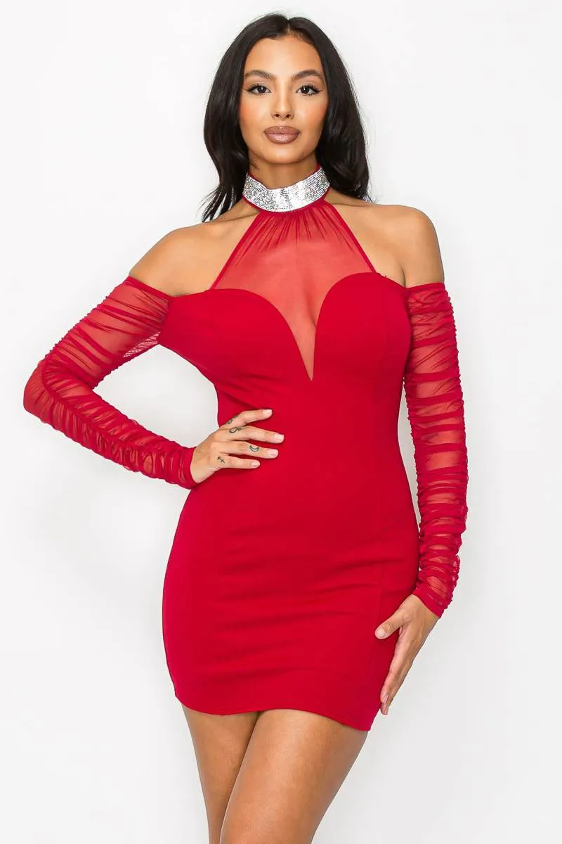 LUXE RHINESTONE HALTER SHEER OFF SHOULDER DRESS sold by privy
