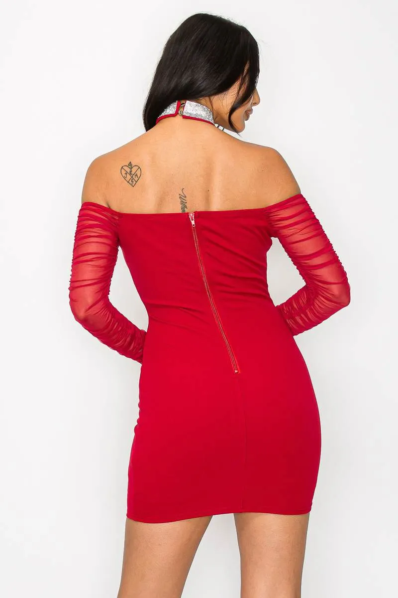 LUXE RHINESTONE HALTER SHEER OFF SHOULDER DRESS sold by privy product image thumbnail 3