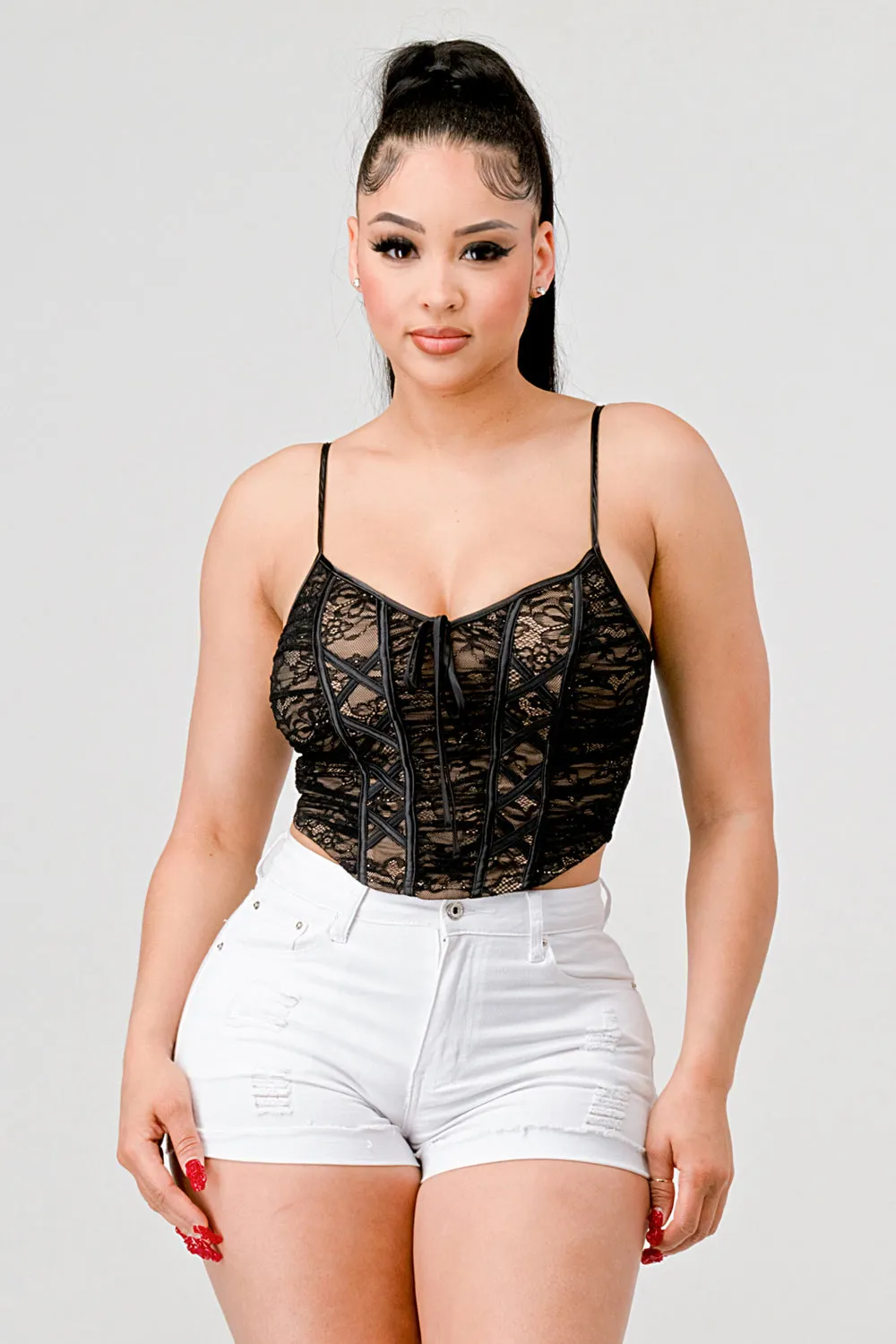 LUXE LACE WITH RIBBON TIE BUSTIER TOP sold by privy