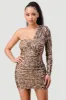 LEOPARD PRINT MESH ONE SHOULDER RUCHED MINI DRESS sold by privy