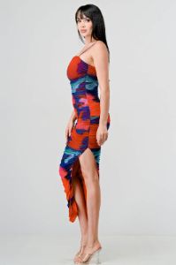 MARBLE PRINT MESH SIDE SLITTED RUCHED MIDI DRESS sold by privy