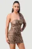 LEOPARD PRINT MESH ONE SHOULDER RUCHED MINI DRESS sold by privy