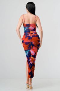 MARBLE PRINT MESH SIDE SLITTED RUCHED MIDI DRESS sold by privy