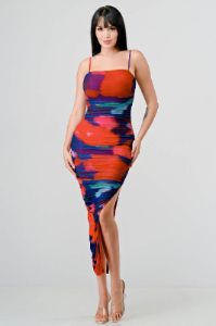 MARBLE PRINT MESH SIDE SLITTED RUCHED MIDI DRESS sold by privy