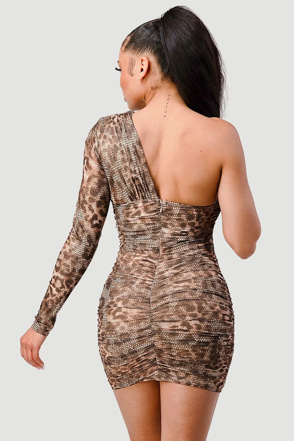 LEOPARD PRINT MESH ONE SHOULDER RUCHED MINI DRESS sold by privy product image thumbnail 3