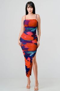 MARBLE PRINT MESH SIDE SLITTED RUCHED MIDI DRESS sold by privy