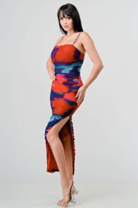 MARBLE PRINT MESH SIDE SLITTED RUCHED MIDI DRESS sold by privy