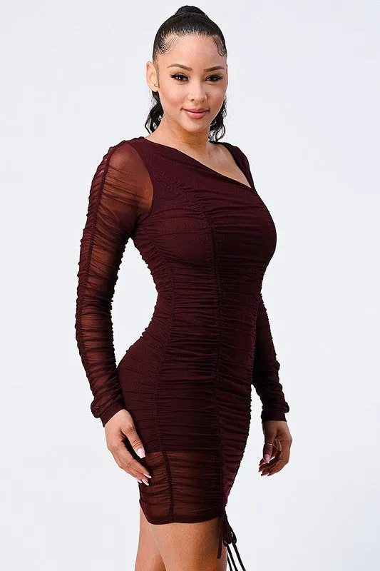 CHIC MESH ASYMMETRICAL NECK RUCHED MINI DRESS sold by privy product image thumbnail 2