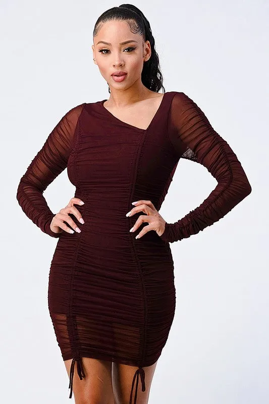 CHIC MESH ASYMMETRICAL NECK RUCHED MINI DRESS sold by privy