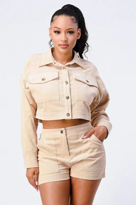 CORDUROY OVERSIZED POCKETS BUTTONS CROP JACKET sold by privy