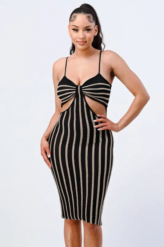 PD71711TS / LUX METALIC STRIPE SIDE CUTOUTS BODYCON MIDI DRESS sold by privy